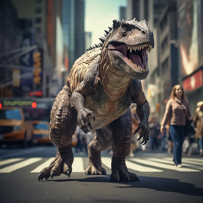 A dinosaur walks the streets of Manhattan –v 5.2 –s 100