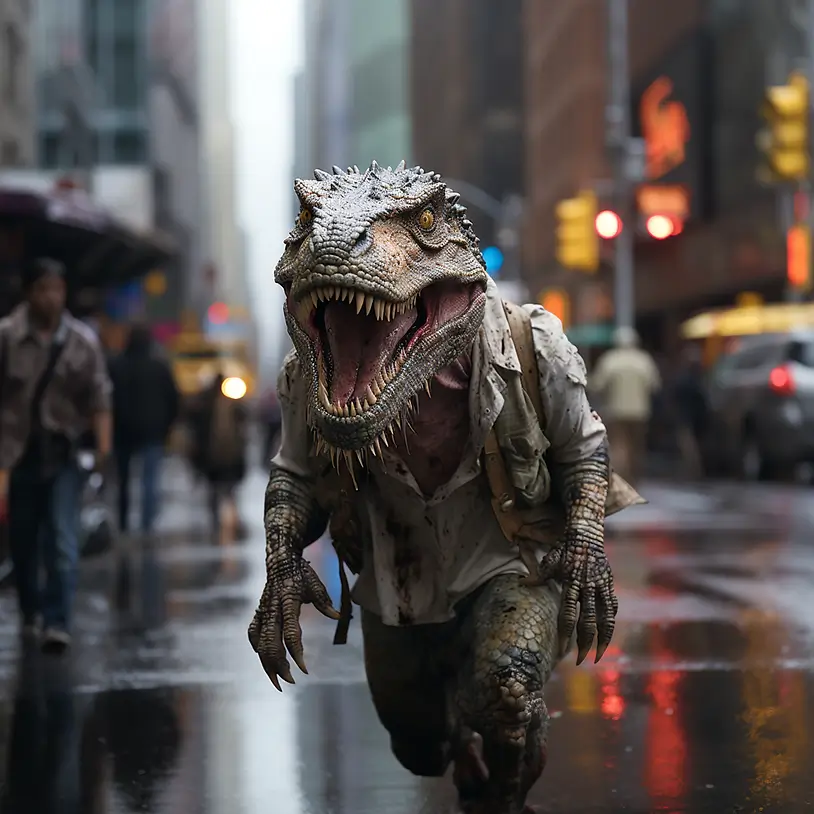 A dinosaur walks the streets of Manhattan –v 5.2 –s 1000