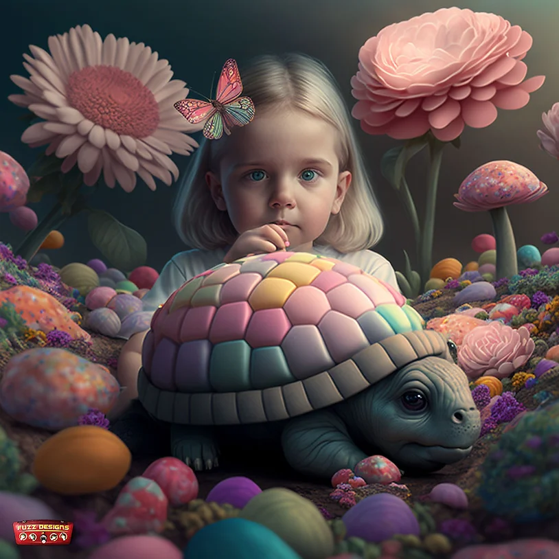 מידג'רני יוצר תמונה של ילדה קטנה בארץ של ממתקים עם צב ופרחים