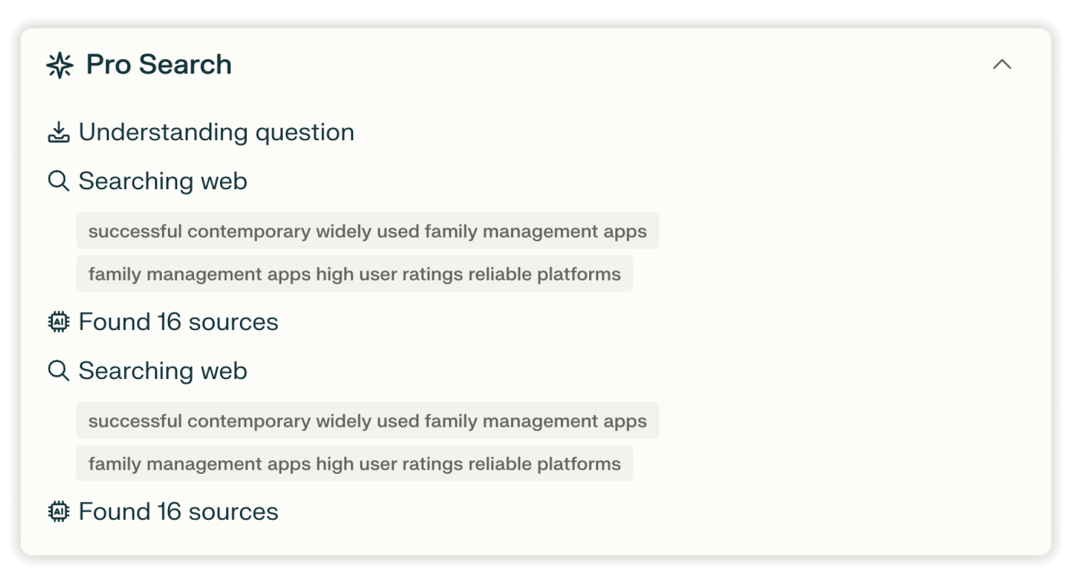 צילום מסך של פיצ׳ר ה Pro Search ב-Perplexity המציג את תהליך ביצוע חיפוש באינטרנט ואת ניסוח תגובת הבוטית. השלב הראשון הוא 'הבנת השאלה', שם הבוטית זיהתה מונחי מפתח כמו "אפליקציות מוצלחות לניהול משפחה" ו"אפליקציות לניהול משפחה, פלטפורמות אמינות בדירוג גבוה של משתמשים". השלב השני הוא 'חיפוש באינטרנט', בו הבוטית מאשרת שמצאה "16 מקורות" הקשורים למונחי החיפוש.