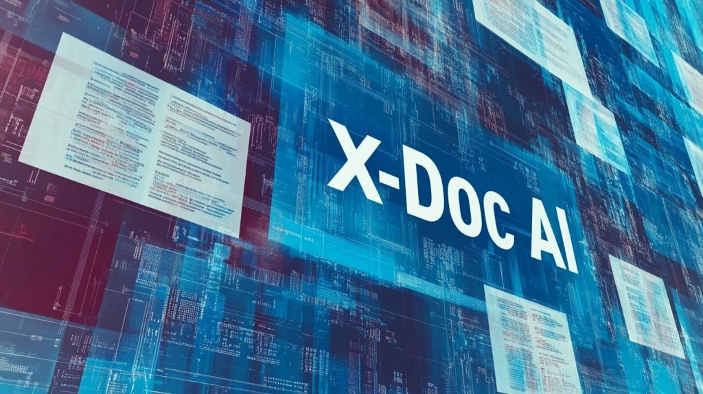 איור מודרני המרכיב החזותי המרכזי מציג שלט "X-Doc AI"