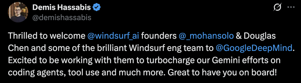 מנכ"ל DeepMind, דמיס חסאביס, מברך על הצטרפות מייסדי Windsurf וחלק מצוות הפיתוח