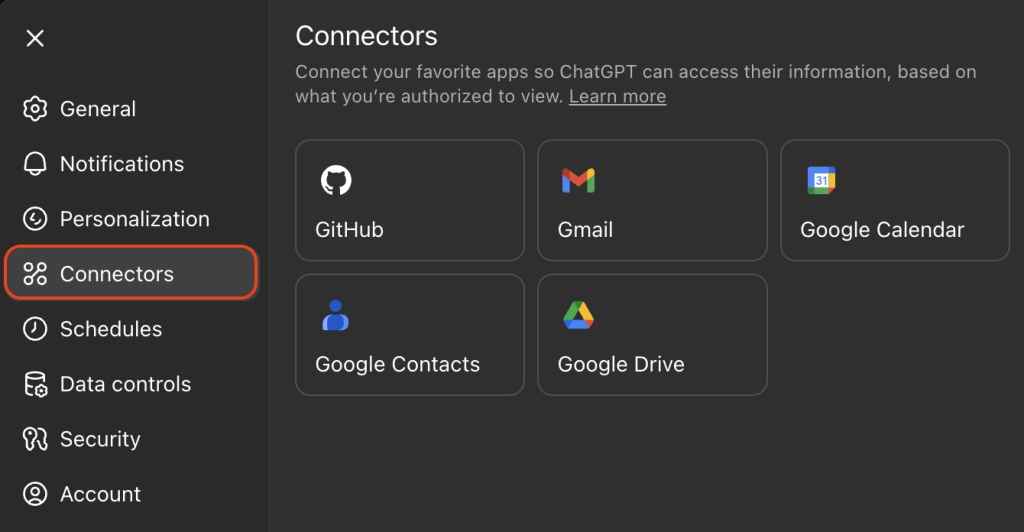מסך ה־Connectors ב־ChatGPT