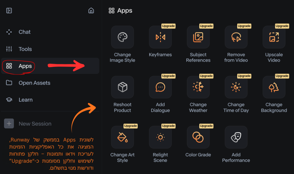 ממשק Runway Apps – רשימת האפליקציות הזמינות לעריכת וידאו ותמונות