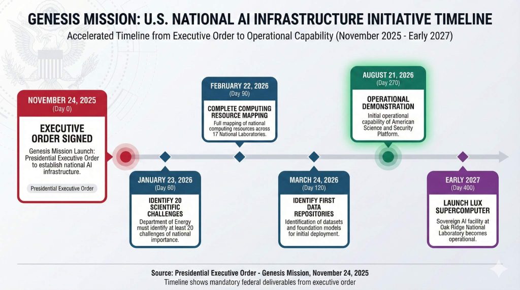 ציר הזמן של Genesis Mission: מהצו הנשיאותי ליכולת תפעולית בפחות מ-9 חודשים. מקור: צו נשיאותי, 24 בנובמבר 2025.