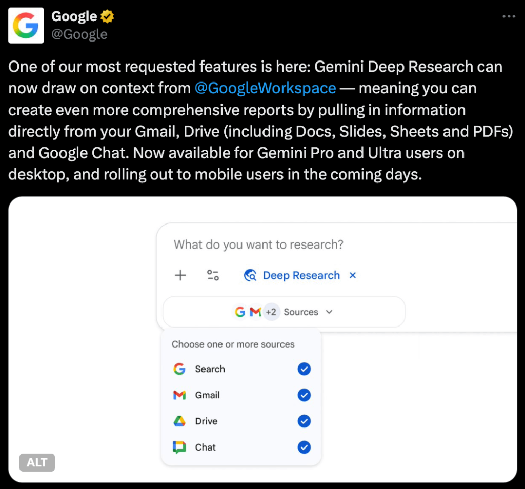 פיצ'ר ה-"Deep Research" (מחקר עומק) החדש, שנועד למשימות מורכבות, יכול סוף סוף להתחבר לג'ימייל, גוגל דרייב וגוגל צ'אט.