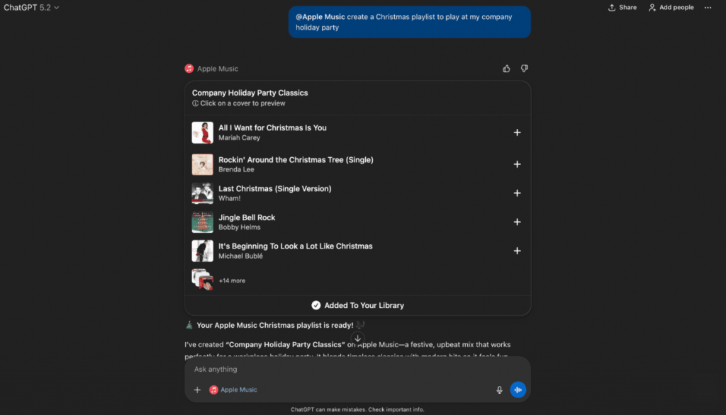 ChatGPT יוצר ומוסיף פלייליסט חדש לספרייה 