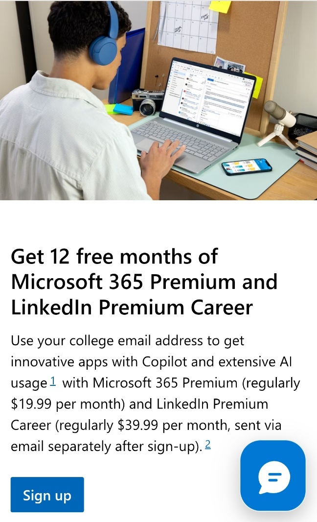 מבצע שנה חינם למיקרוסופט 365 ולינקדאין פרימיום. Credit: Microsoft