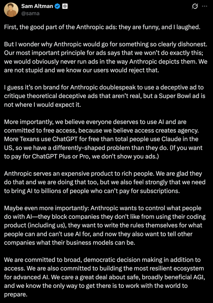 אלטמן מאשים את Anthropic בפרובוקציה ומניפולציה