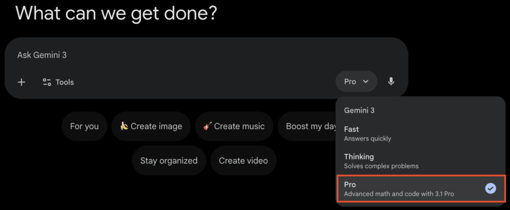 פותחים את התפריט ← לוחצים על Pro ← המודל עובר לגרסת 3.1 Pro.