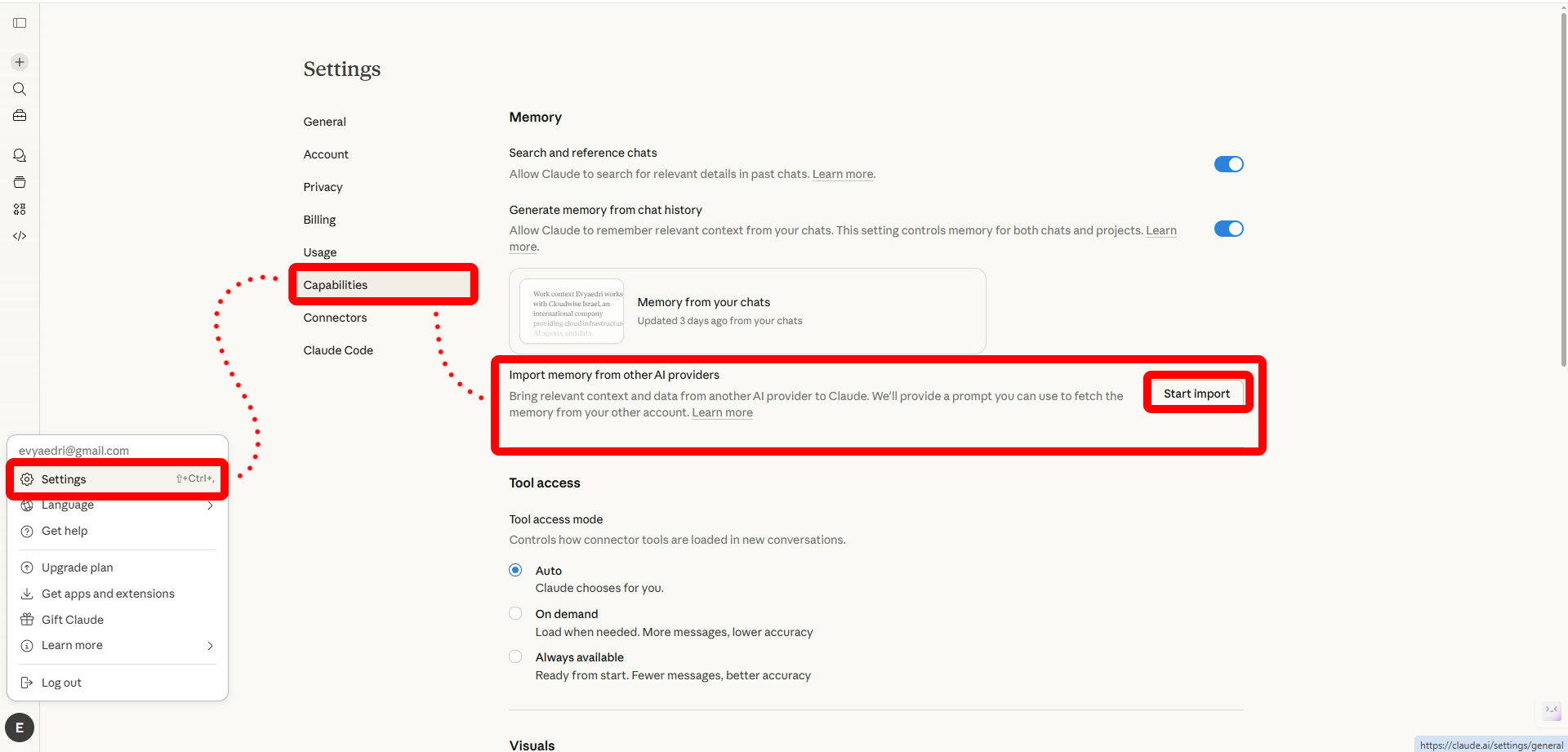 ייצוא וייבוא זכרונות בקלוד