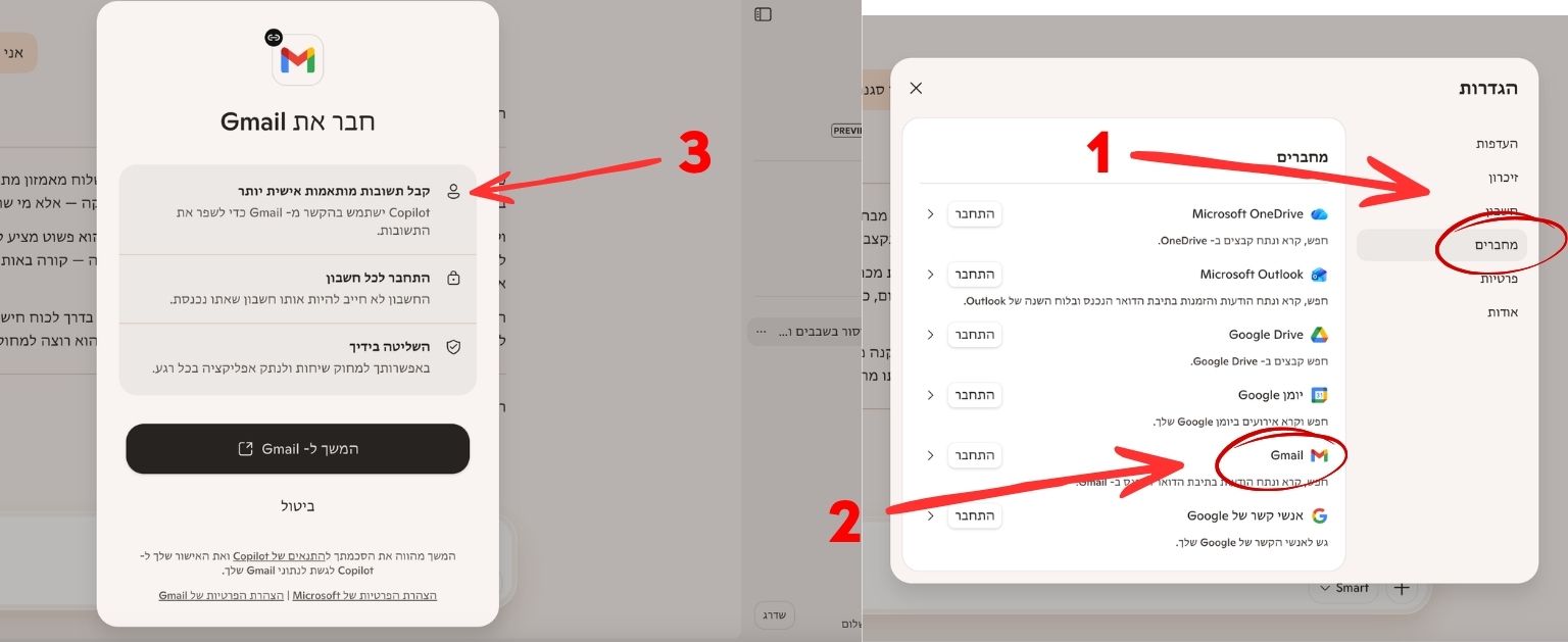 חיבור ג׳ימייל לקופיילוט באמצעות קונקטורים