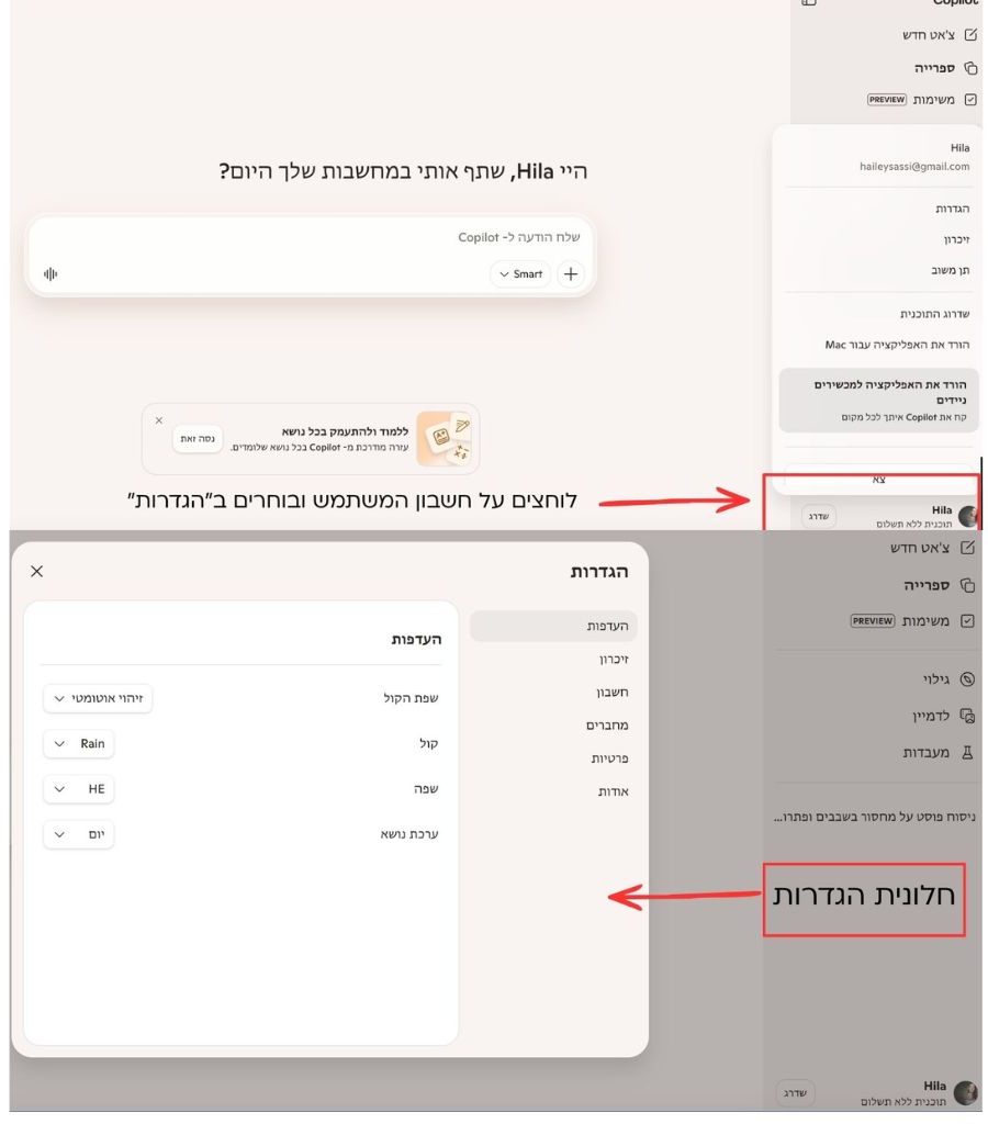 כניסה לתפריט הגדרות ובחירת העדפות