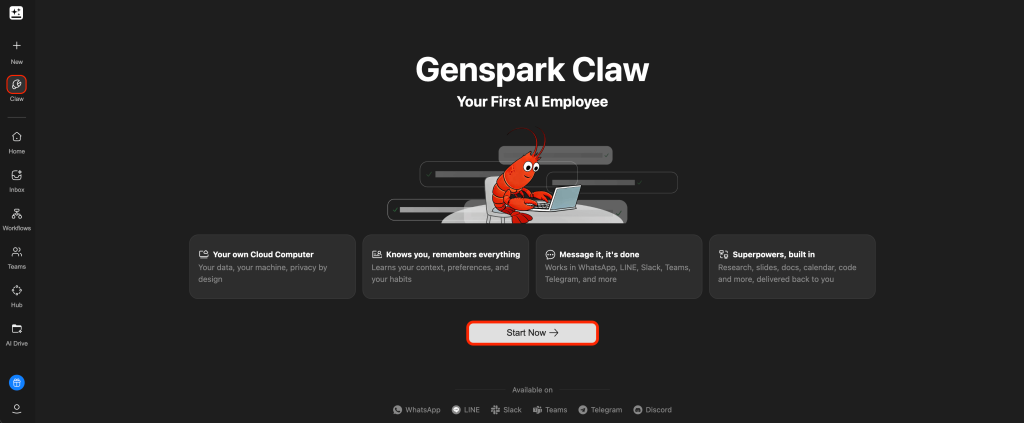 ממשק של Genspark Claw