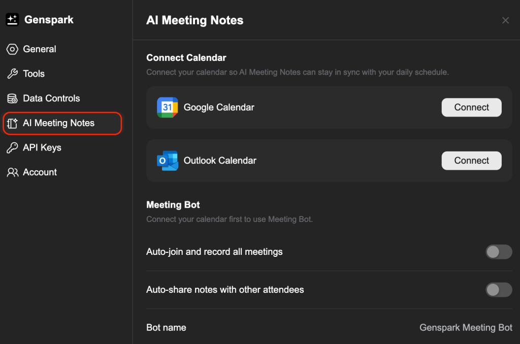 ממשק הגדרות של Meeting Bot