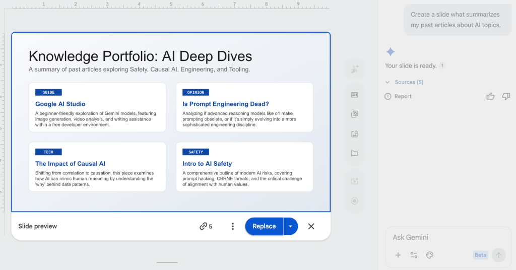 שקופית ש‑Gemini יצר באופן אוטומטי על בסיס מאמרים בתיקיית Drive