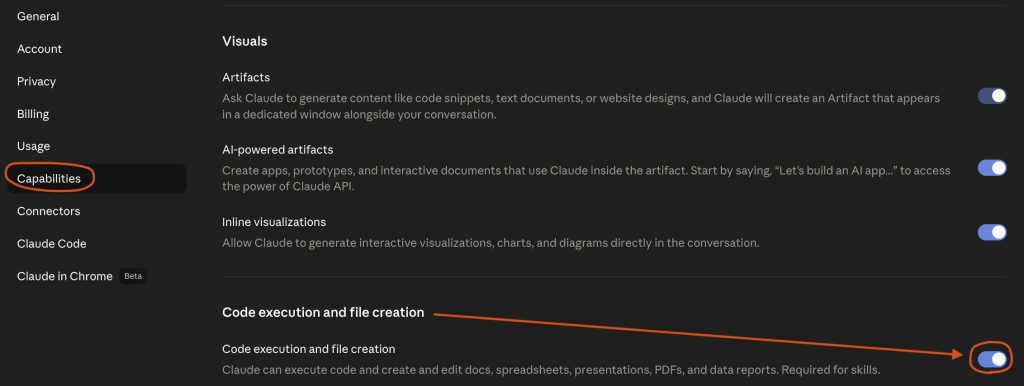 כדי להשתמש בסקילים צריך להפעיל את Code execution