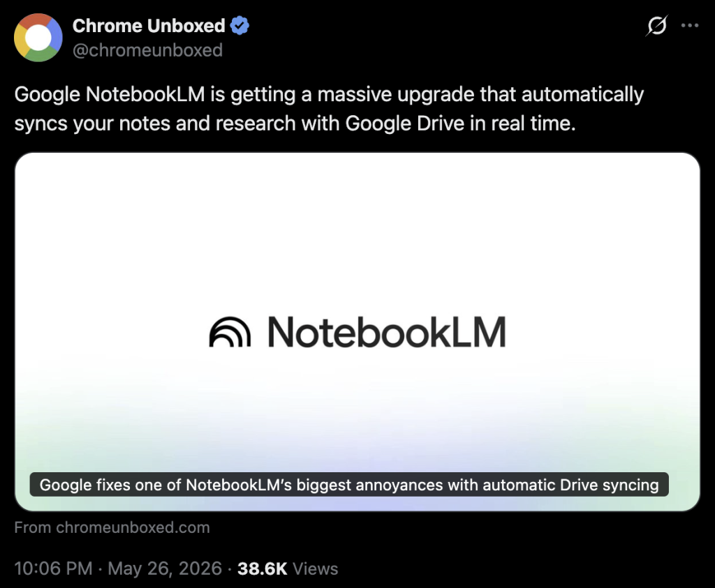 גוגל מוסיפה ל-NotebookLM סנכרון אוטומטי עם Google Drive, כך שמקורות מ-Docs, Sheets ו-Slides יתעדכנו בלי העלאה מחדש.