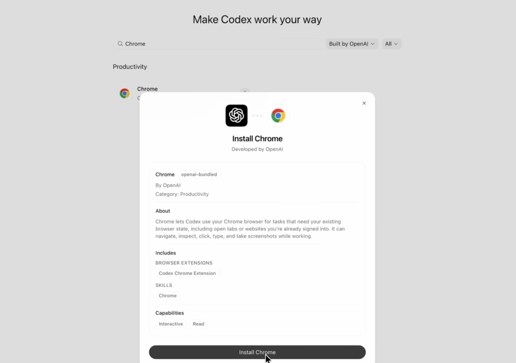 חלון ההתקנה של תוסף Chrome בתוך Codex