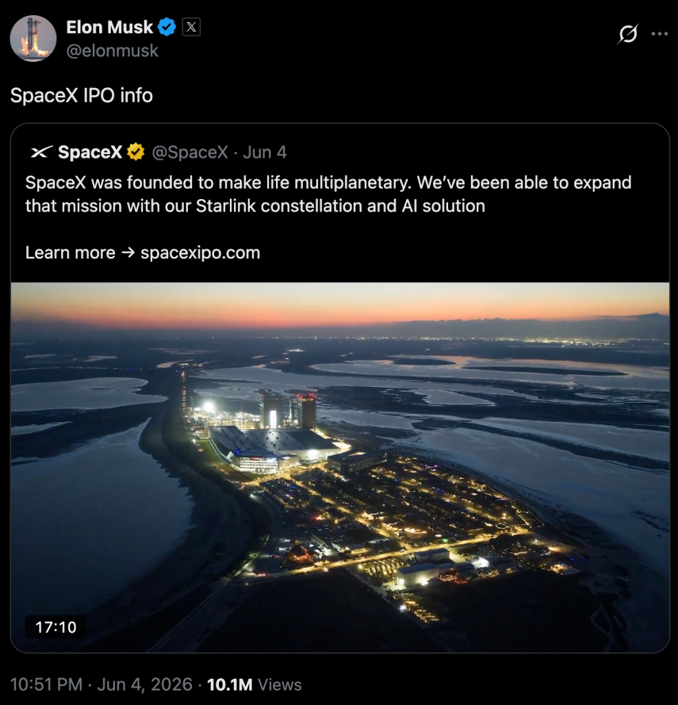 צילום מסך מציוץ של אילון מאסק עם הכיתוב SpaceX IPO info