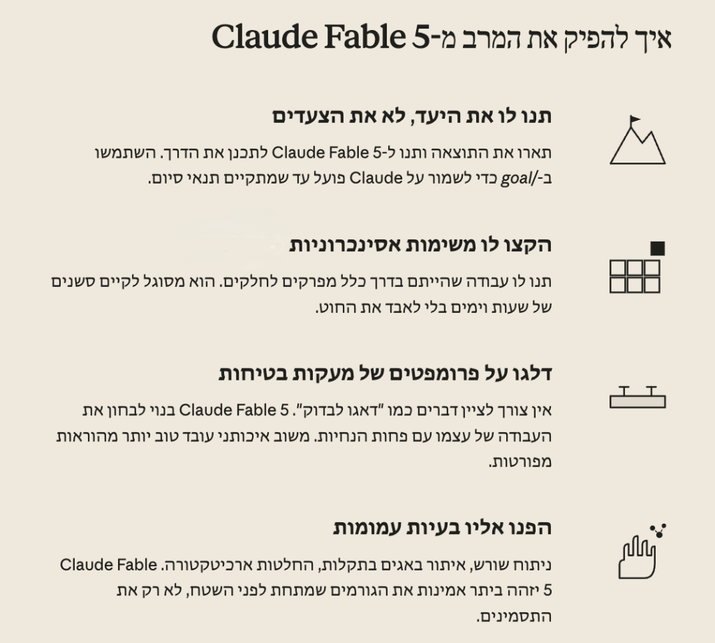 ההמלצה המרכזית של Anthropic למשתמשים היא לשנות גישה: לתת ל-Fable 5 יעד, לא תסריט פעולה מפורט. הוא מתאים במיוחד למשימות ארוכות, בעיות עמומות ועבודת קוד שדורשת חקירה. גם אז, התוצר הסופי צריך לעבור בדיקה אנושית.