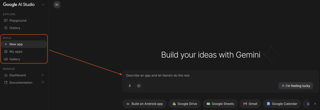 מסך הפתיחה של Google AI Studio במצב Build