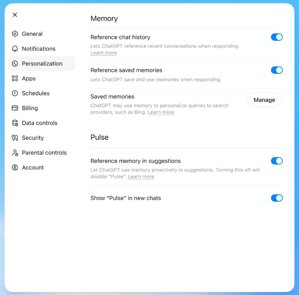 את הזיכרון אפשר לנהל דרך Settings > Personalization > Memory