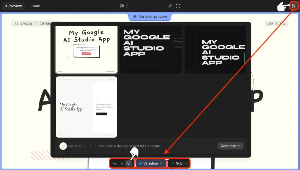 מסך Design Variations ב-Google AI Studio