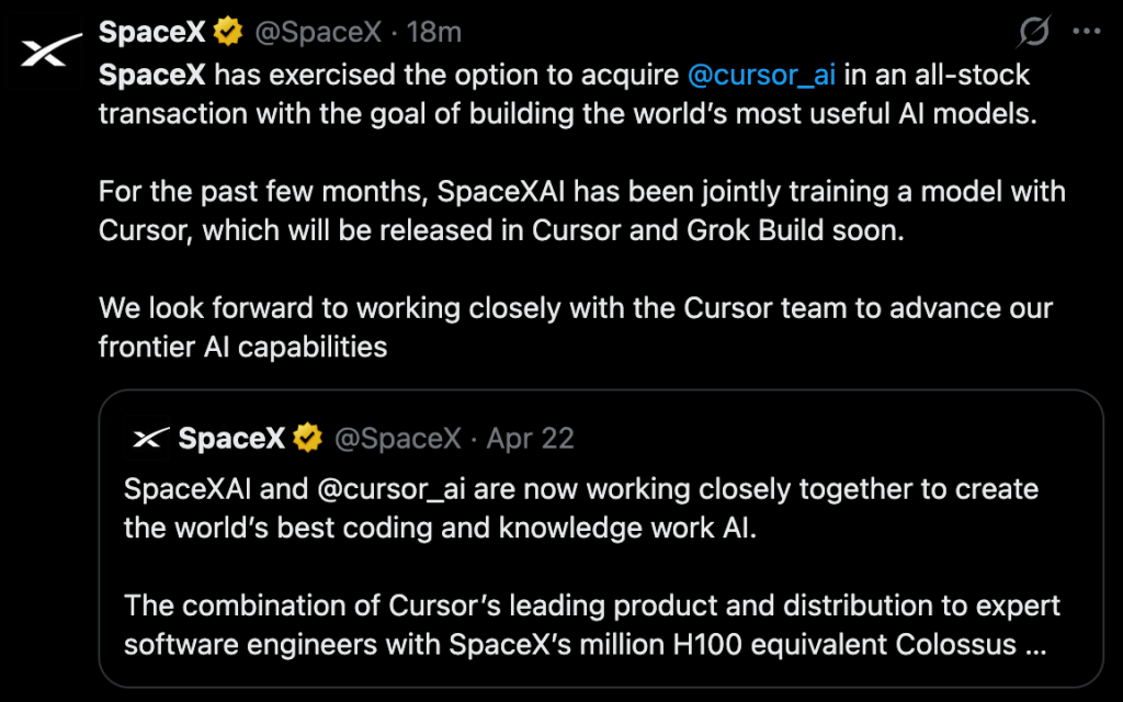 SpaceX מאשרת כי מימשה אופציה לרכישת Cursor בעסקת מניות מלאה