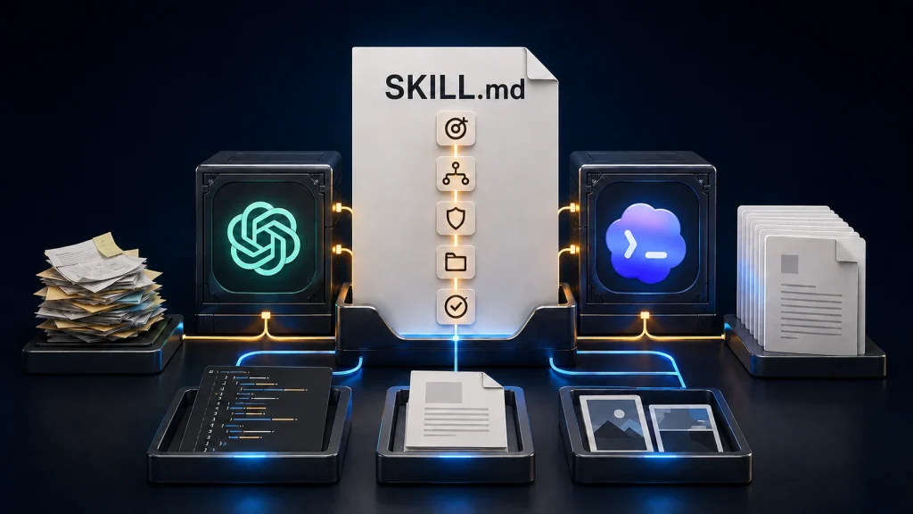 קובץ SKILL.md מכיל את הוראות העבודה. קבצים, תבניות וסקריפטים מצטרפים רק כאשר התהליך זקוק להם.