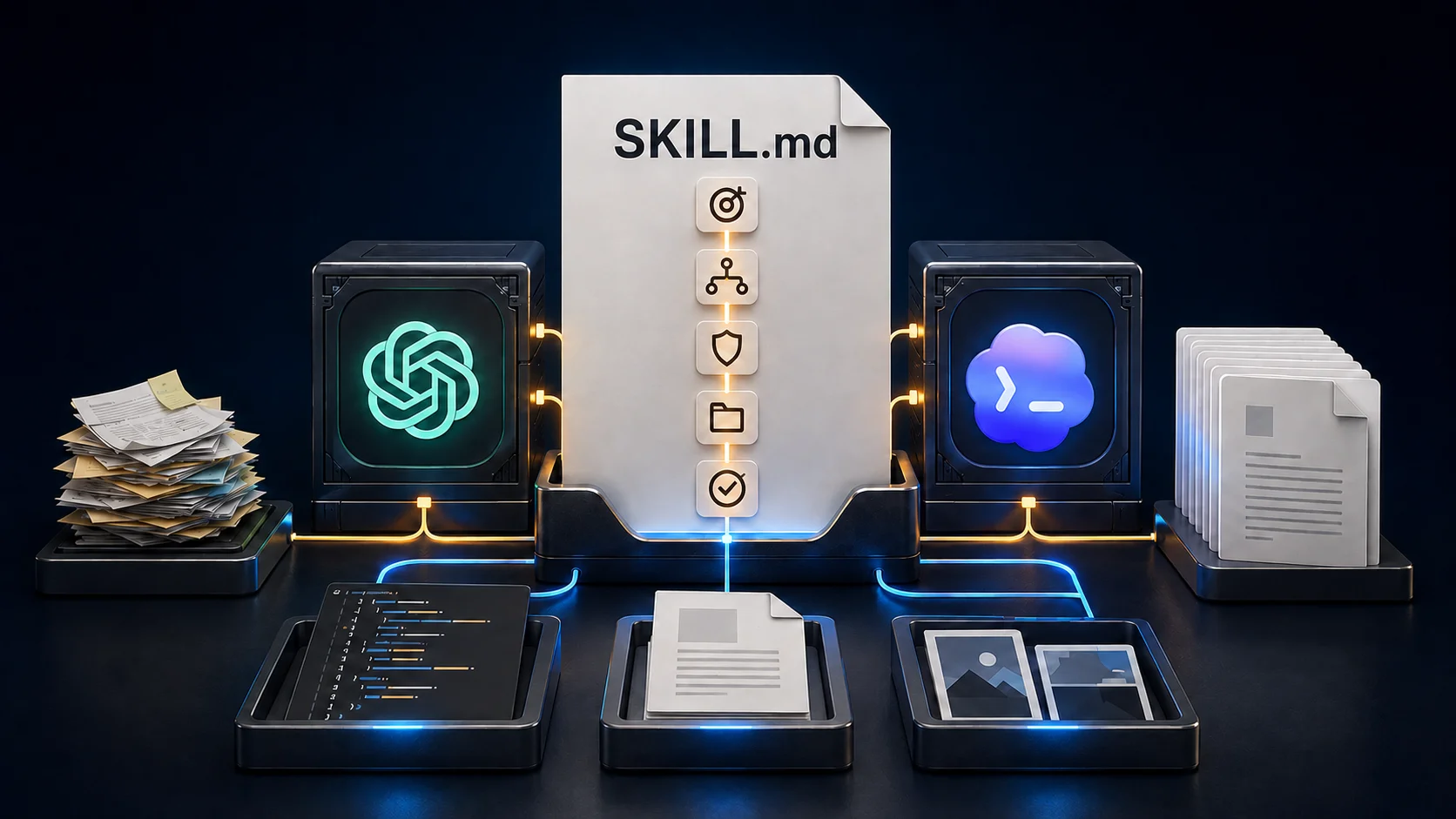 קובץ SKILL.md מכיל את הוראות העבודה. קבצים, תבניות וסקריפטים מצטרפים רק כאשר התהליך זקוק להם.