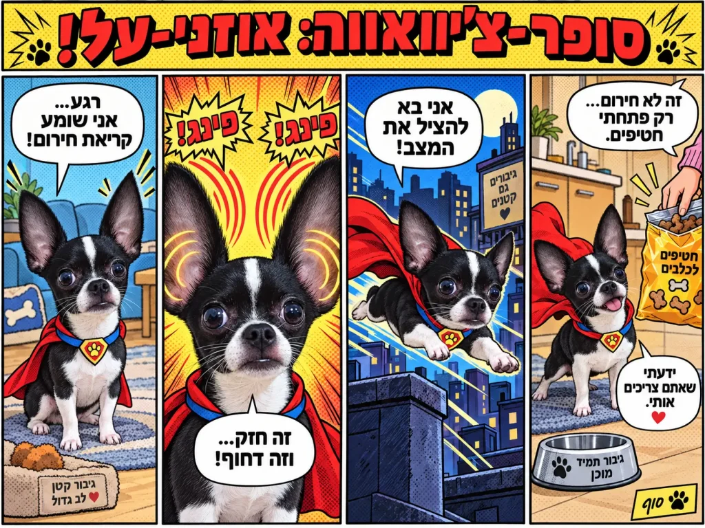 רצועת קומיקס בת ארבעה לוחות בעברית שבה כלב צ'יוואווה עם גלימה אדומה הופך לגיבור-על