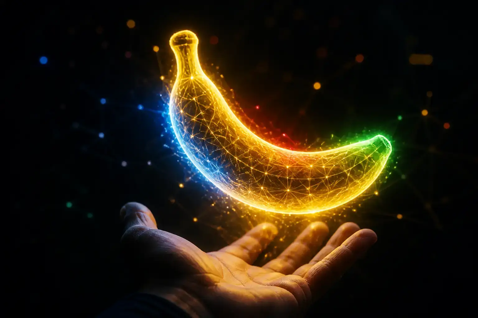המחשה של מודל Nano Banana 2.1 של גוגל - בננה דיגיטלית זוהרת מרחפת מעל כף יד עם אפקטים של רשת נוירונית